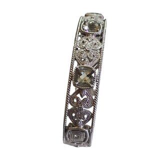 Vintage NOS Signed SP Diamond-Shaped Sterling Elaborate Jeweled Cuff Bracelet